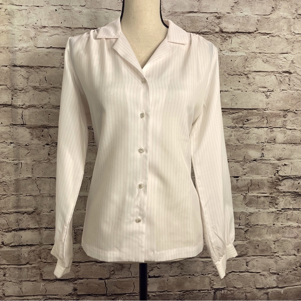 Lee Mar Vintage 70s/80s Polyester Pink & White Striped Long Sleeve TopSi…